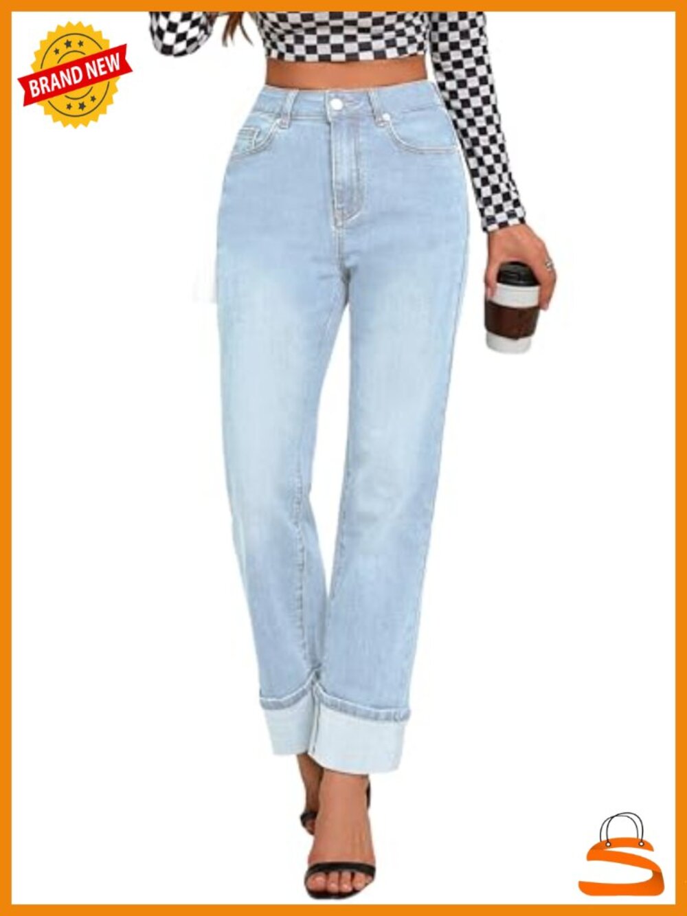 High Waisted Stretchy Straight Leg Jeans Tummy Control Cuffed Ankle Fold Hem
